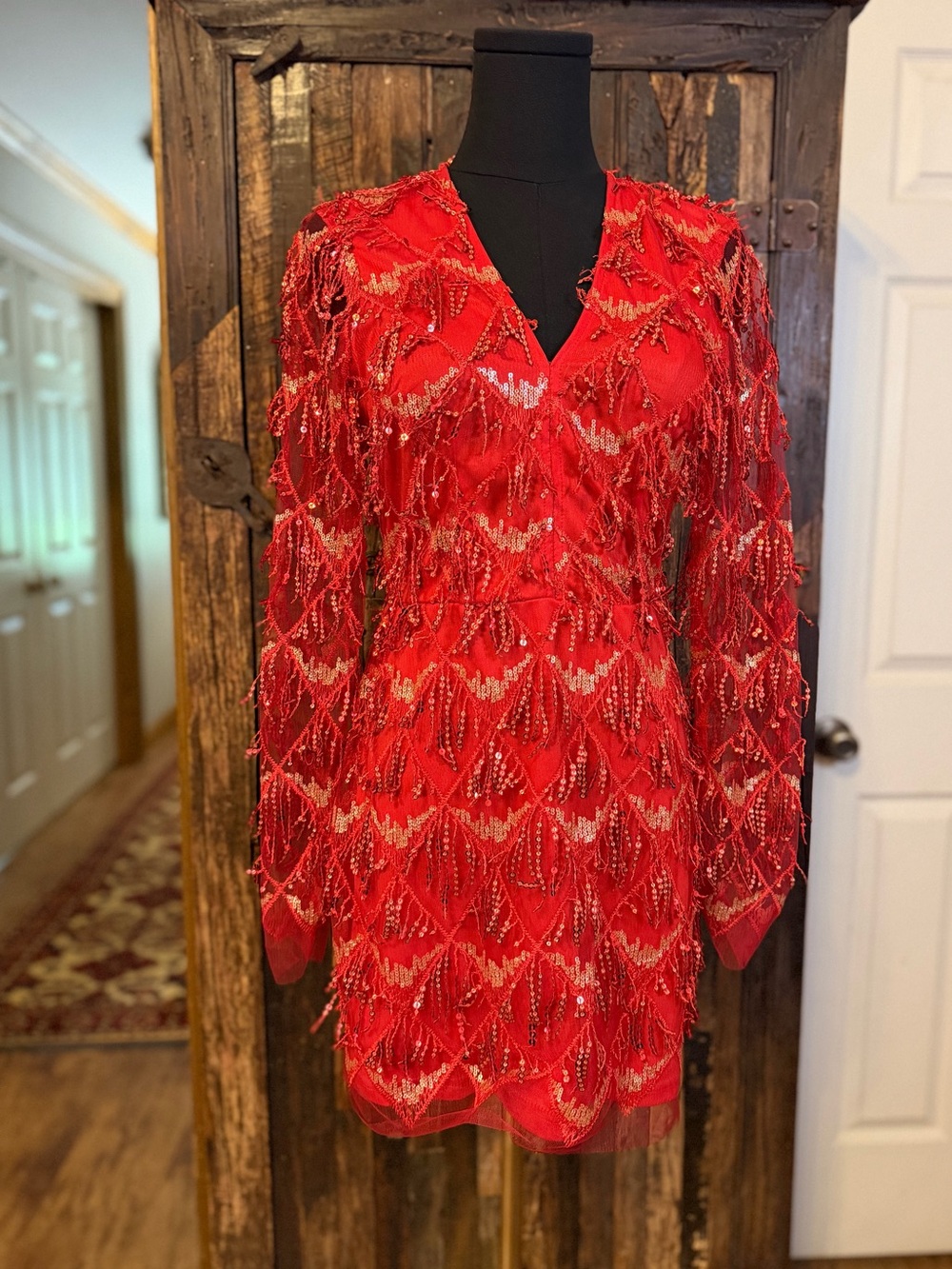 superdown Nia Sequin Fringe Dress Women M Red Long Sleeve Mini Revolve Party